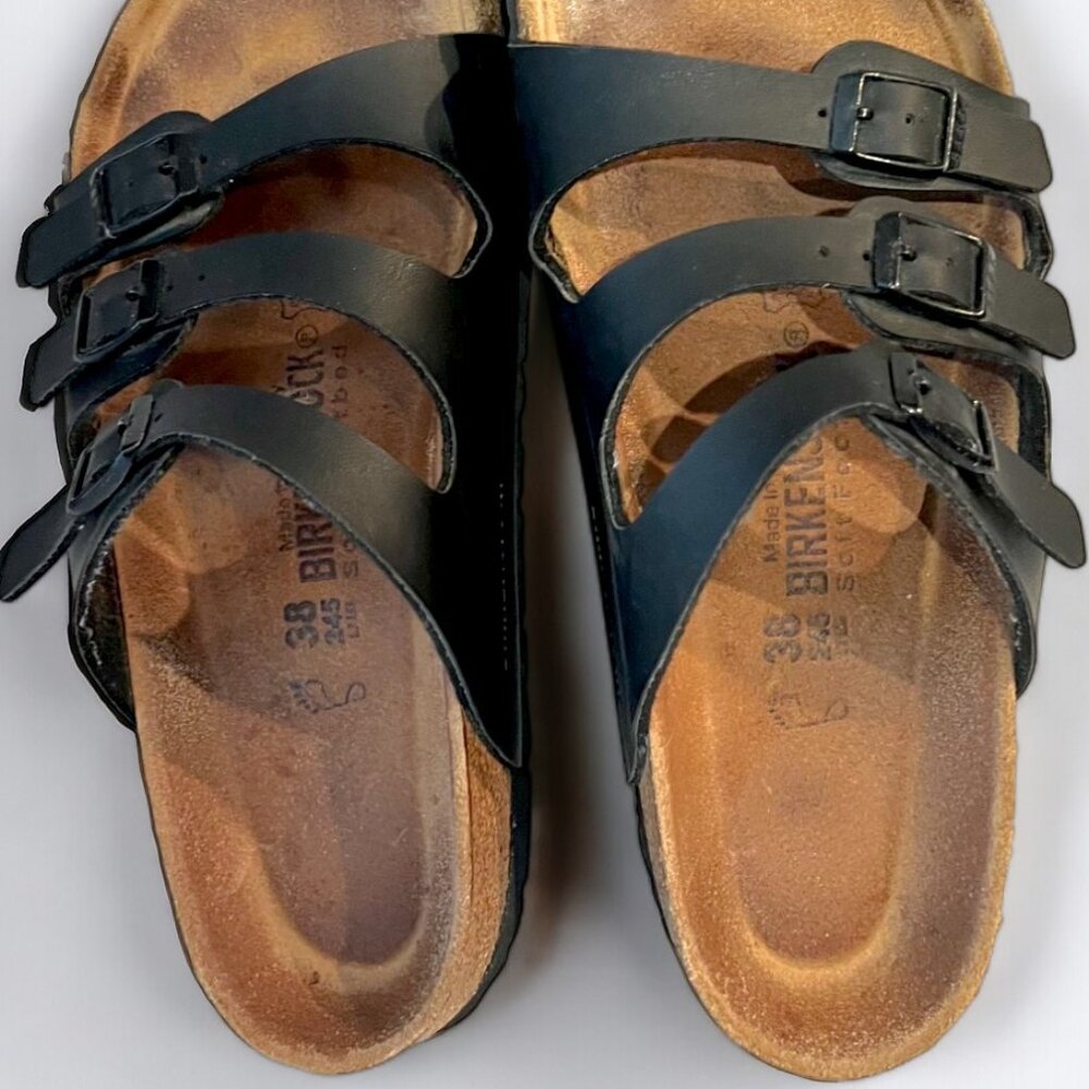 Birkenstock Three Strap Black Sandals, Size 38/Women's 7.5 Excellent Condition